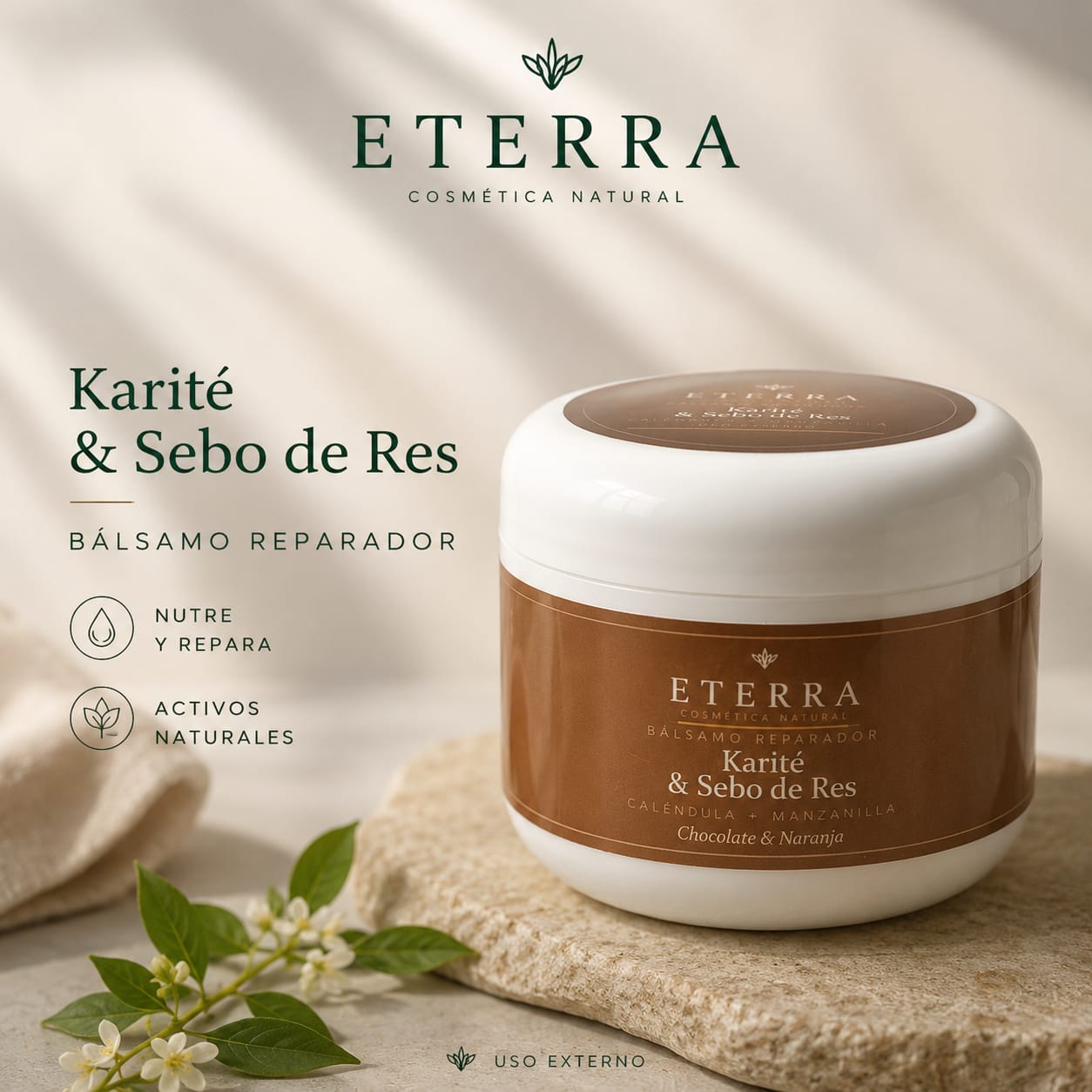 Bálsamo Reparador Eterra de Karité y Sebo de Res, con caléndula y manzanilla, aroma chocolate y naranja