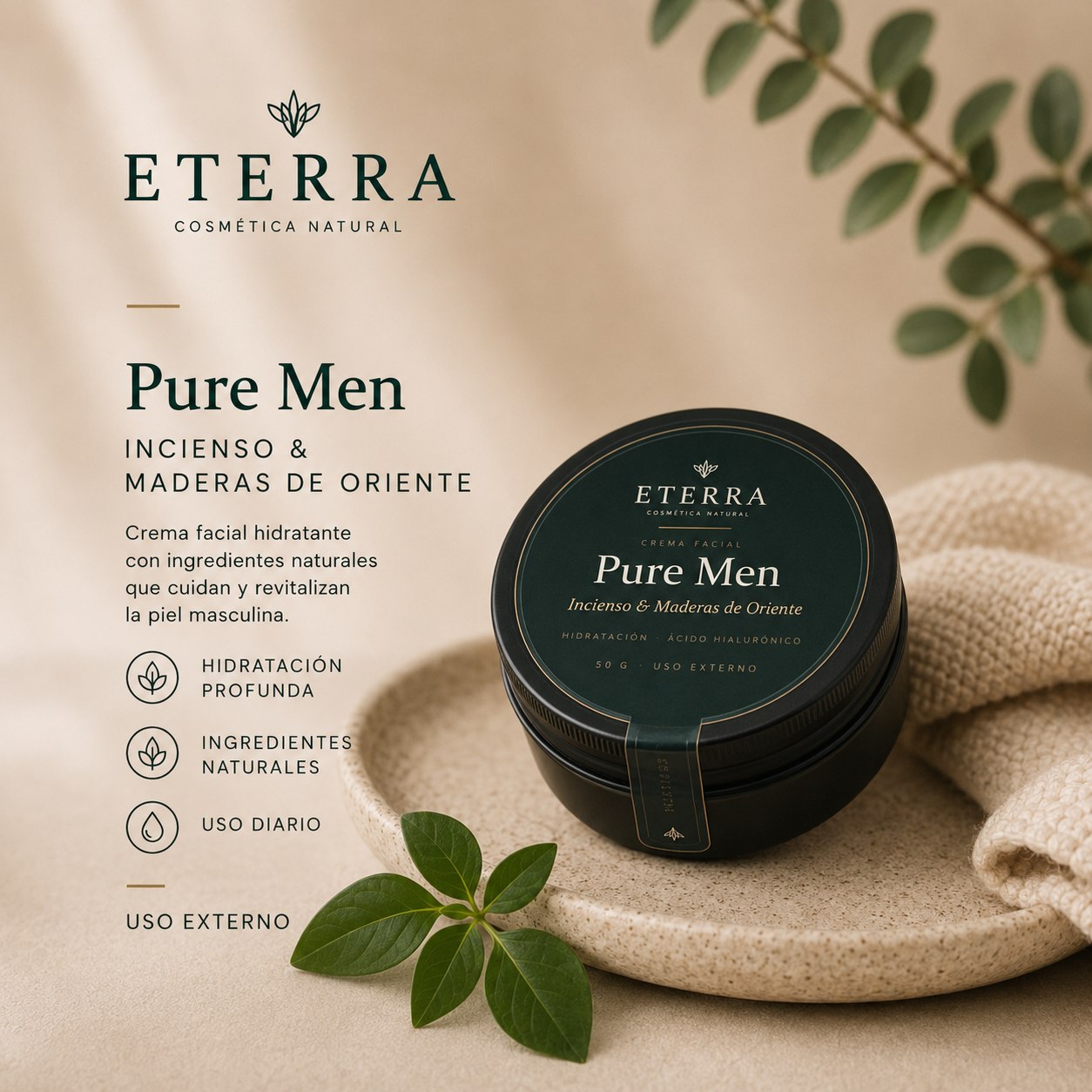 Crema Facial Pure Men Eterra, Incienso y Maderas de Oriente, hidratación con ácido hialurónico