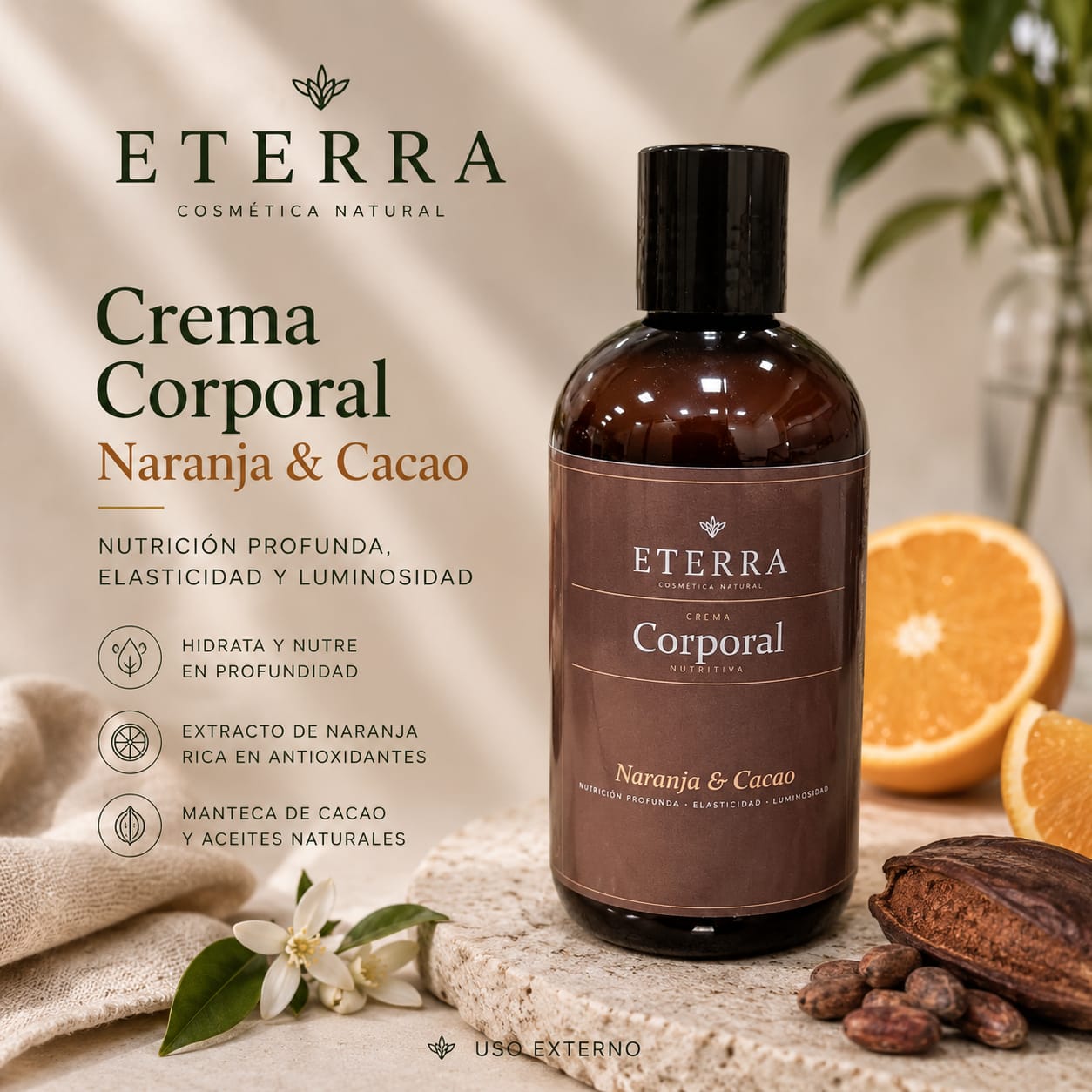 Crema corporal Eterra Naranja y Cacao, nutrición profunda