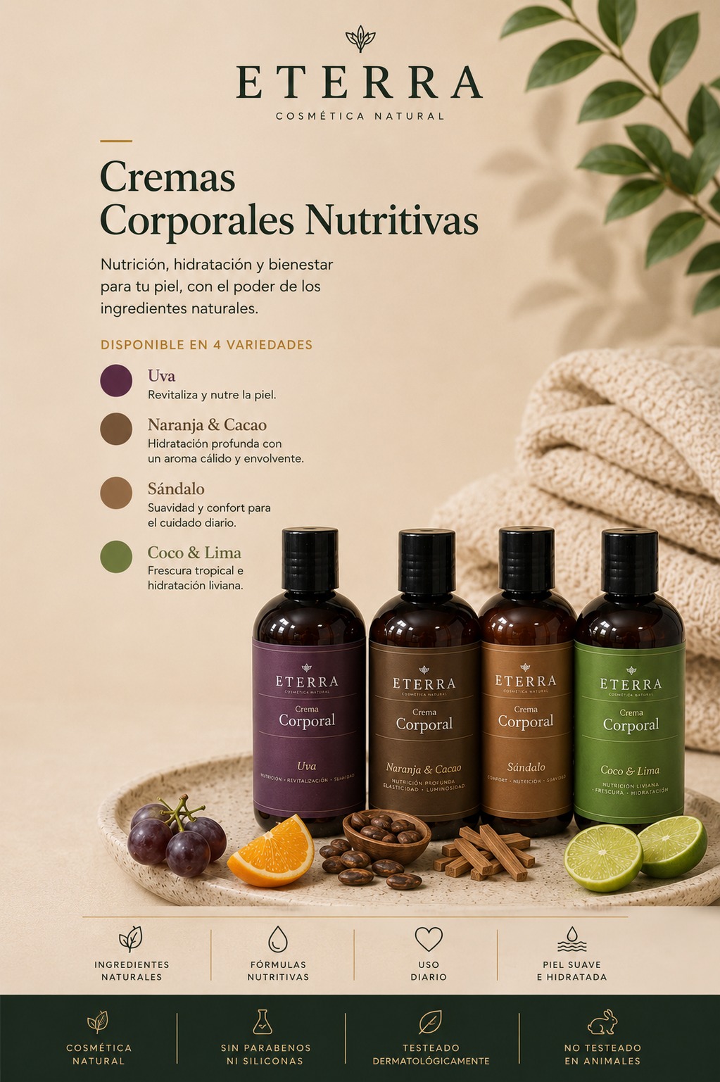 Línea de cremas corporales nutritivas Eterra en sus cuatro variedades