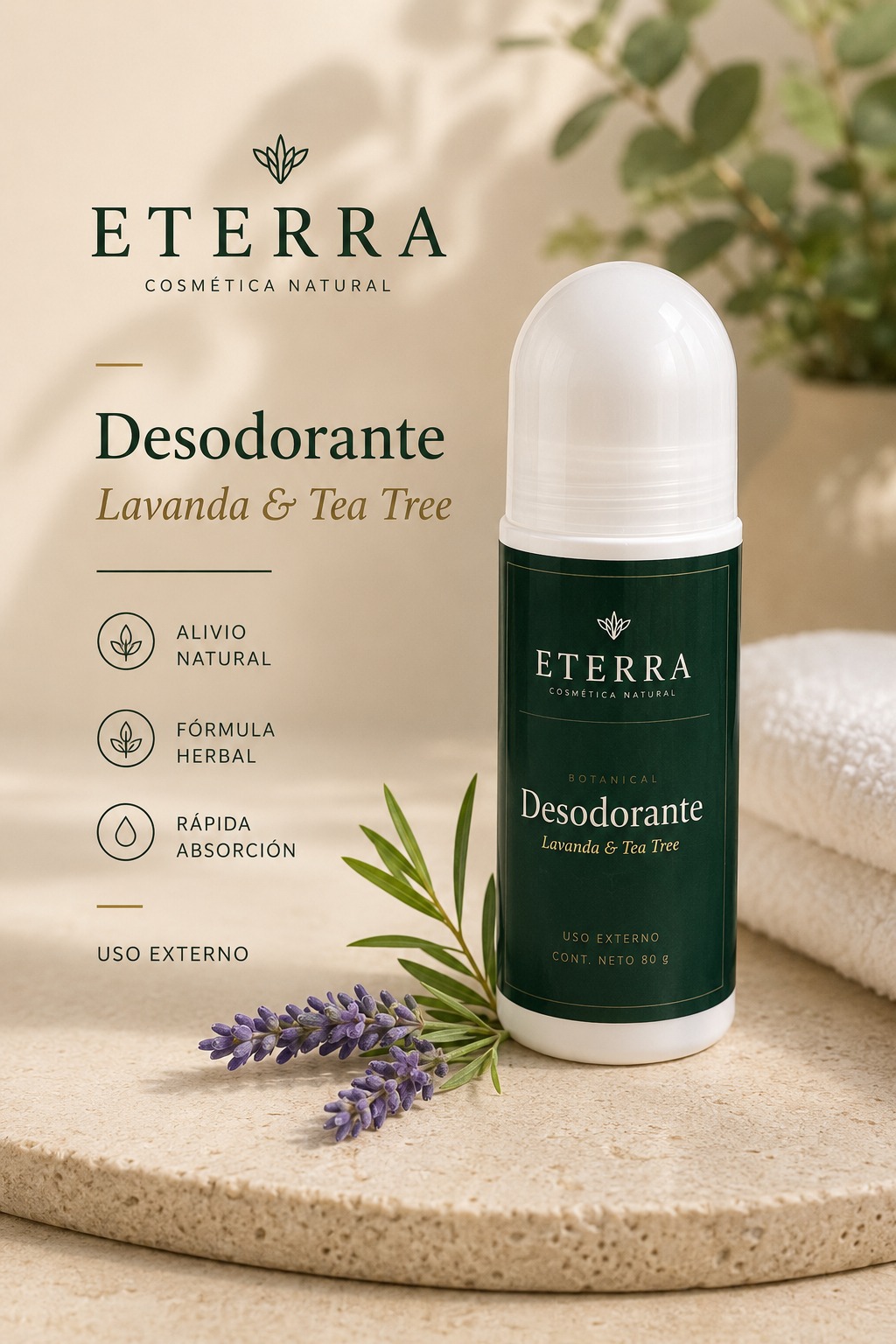 Desodorante natural Eterra roll-on, Lavanda y Tea Tree